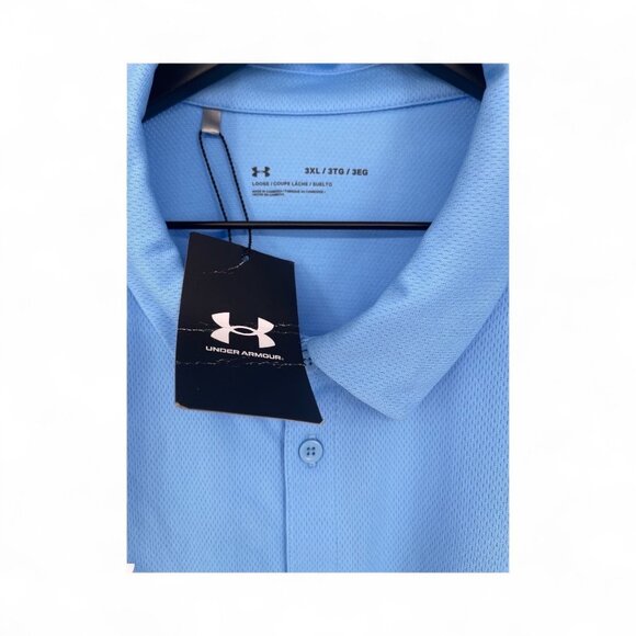 NWT Men's Under Armour Tech UA Golf Polo Shirt Sky Blue Performance SS Loose Fit - Picture 4 of 4